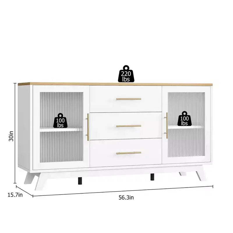 Coffer Bar Cabinet with 2 Fluted Glass Doors, 56 Modern Buffet Storage Cabinet with 3 Drawers