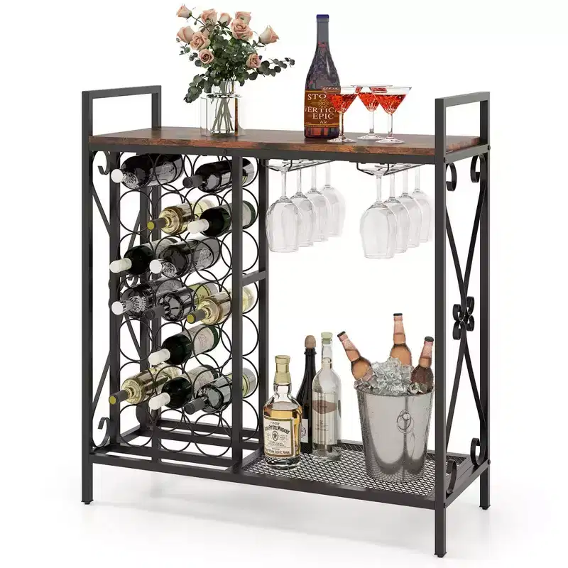 21 Bottle Wine Rack Freestanding Floor Wine Bottle Organizer with Storage Shelf, Black & Gold / Brown