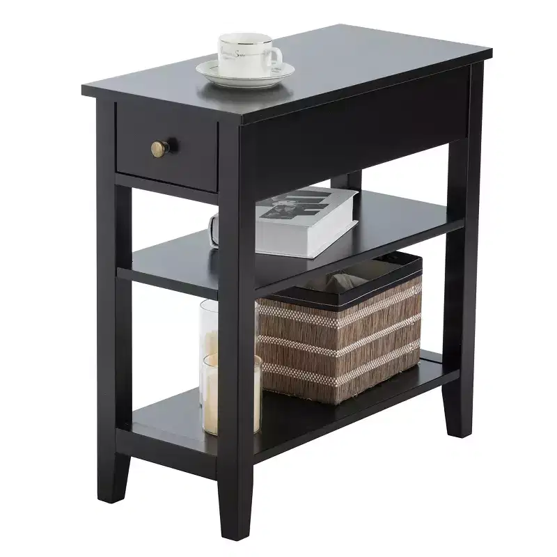 Costway 3 Tier Nightstand Bedside Table Sofa Side End Table w/Double Shelves Drawer Black