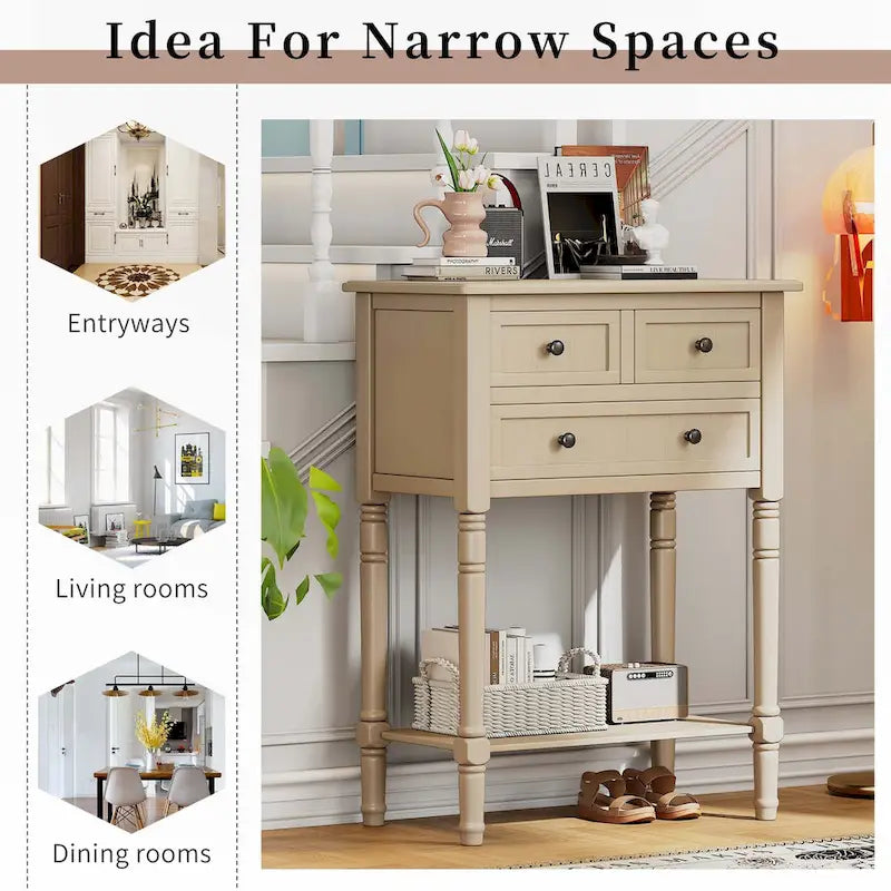 Narrow Console Table with Drawers and Bottom Shelf