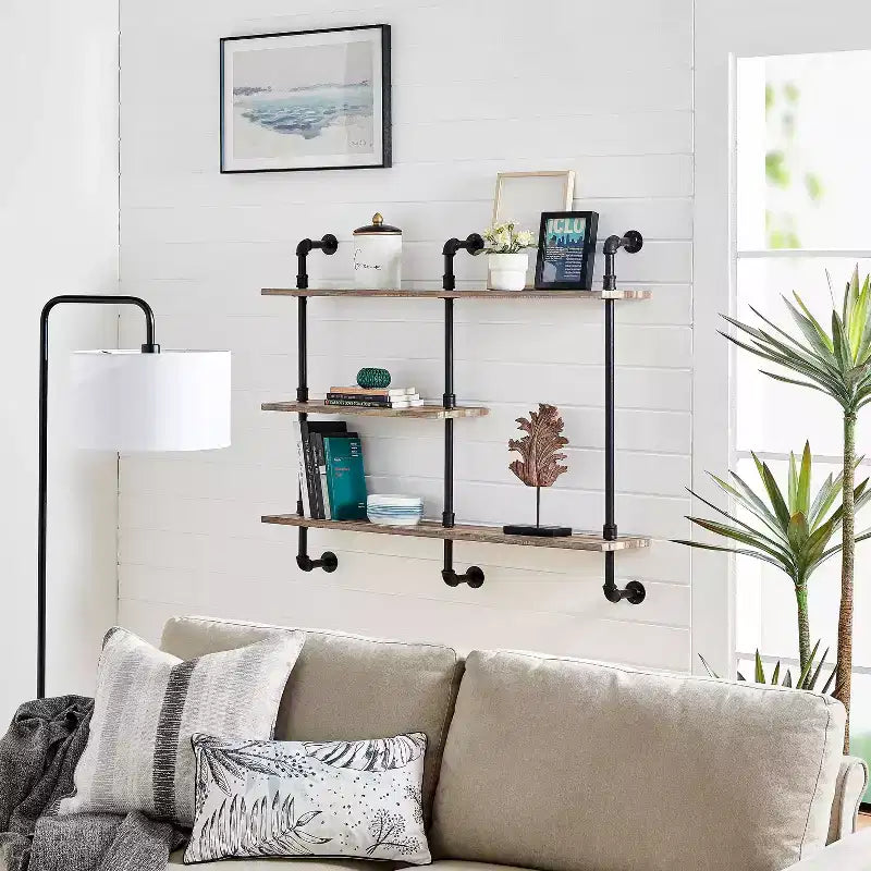 3-Tier Industrial Pipe Wall Shelf Unit, Black/Rustic, Iron Frame with Laminated Shelves