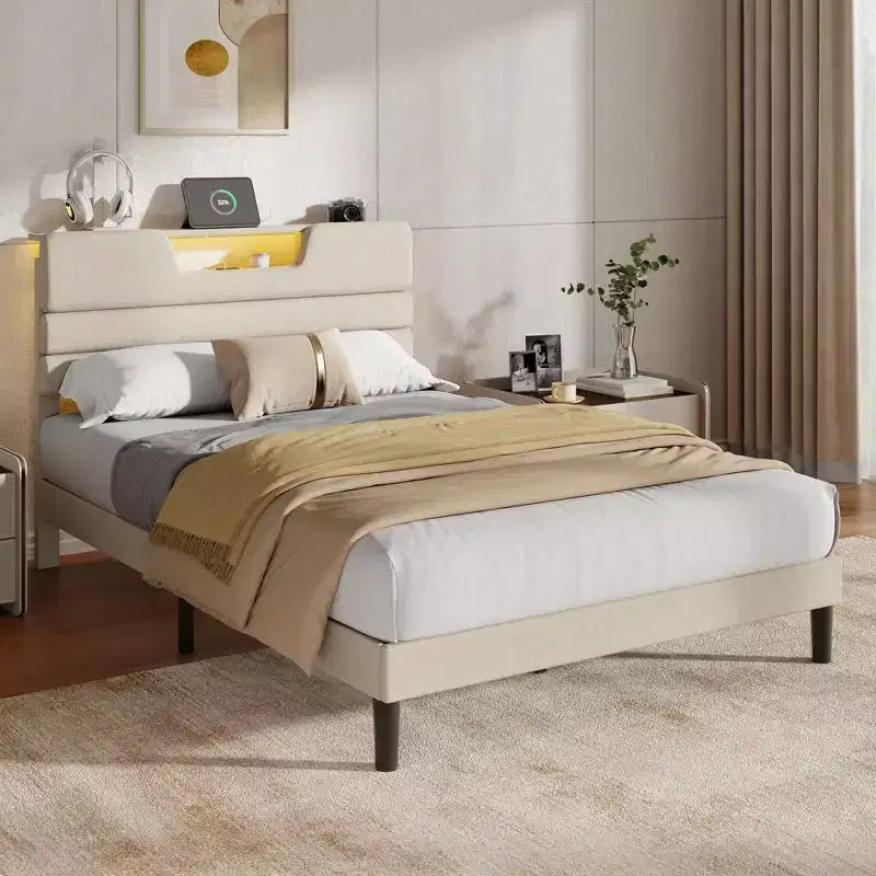 Full Size Platform Bed Frame with Storage Headboard LED Lights Charging Station Beige Upholstered USB Wood Slats Support No Box Spring Needed