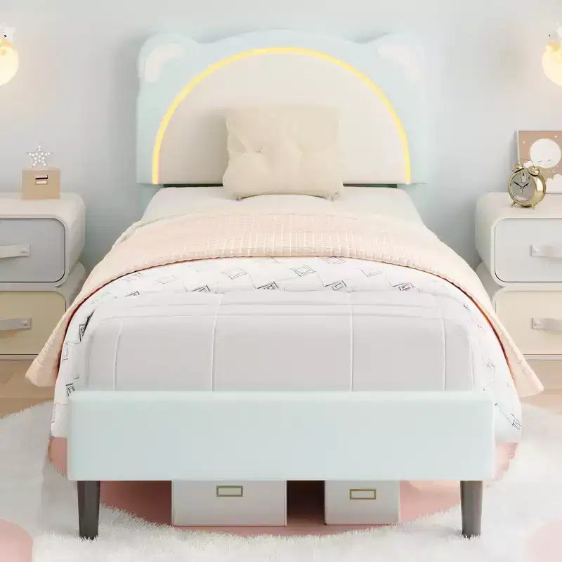 Twin Bed Frame, Upholstered Platform Bed Frame with Adjustable Headboard & Smart Led, Wooden Slats Support, No Box Spring Needed