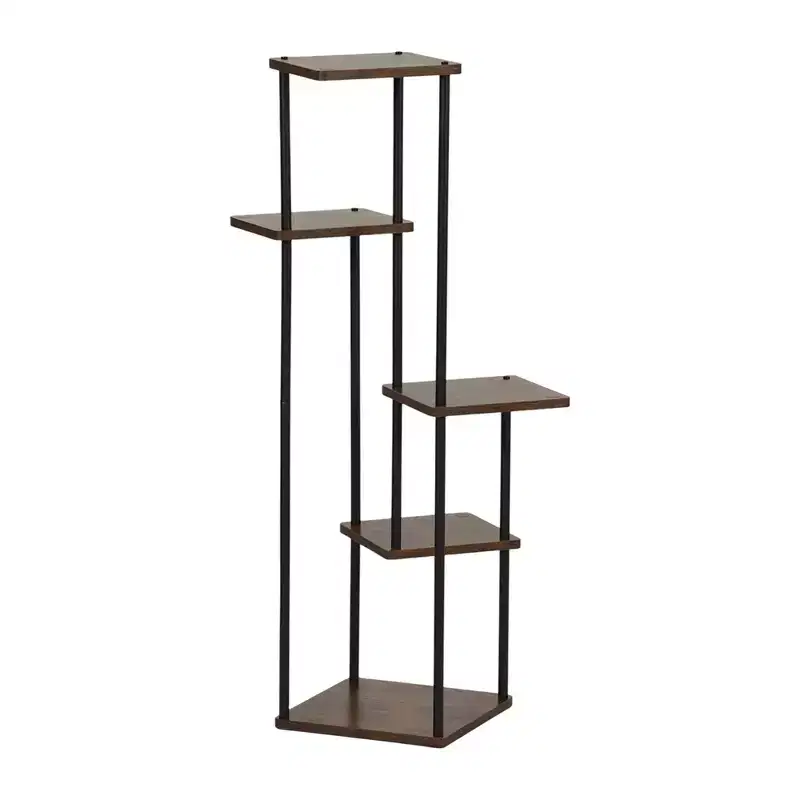 Homy Casa 5-Tier Plant Stand with Rustic Brown Shelves and Black Metal Frame, Corner Display Rack
