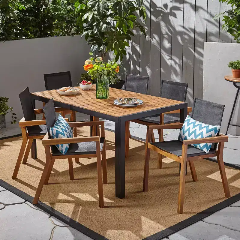 Christopher Knight Home Lemyra Outdoor Mesh and Acacia Wood 7 Piece Dining Set, Teak/Black