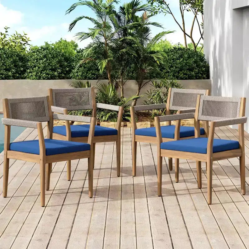 NAYSAYE Patio Dining Sets Braided Acacia Wood Dining Chairs with Cushions and Armrests for Garden Poolside, Navy and Beige, 23.25*21.5*32.25
