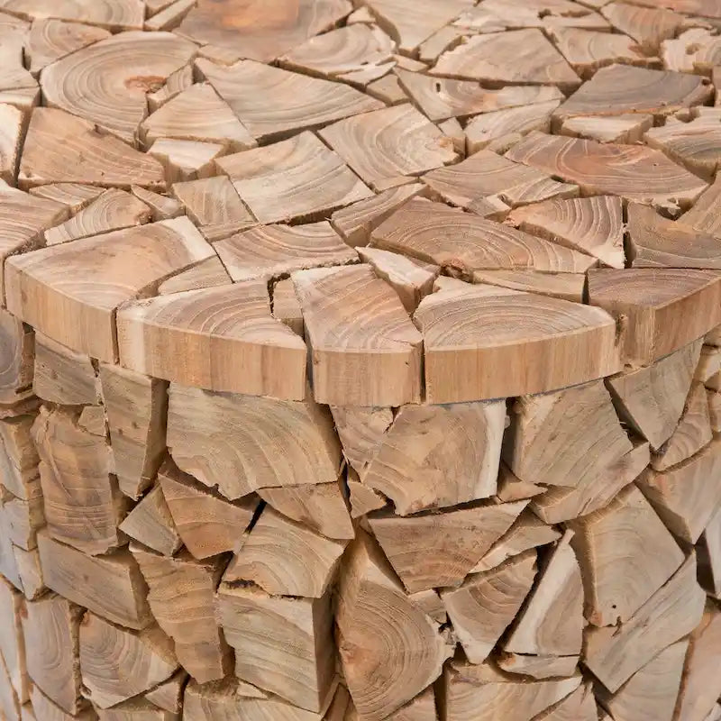 Reclaimed Teak Wood Round Stool Medium Oak Mosaic Chip Side Table