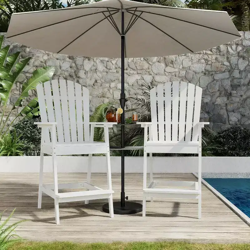 Outdoor Bar Height Adirondack Chairs Set of 2 with Tray & Umbrella Hole, Tall Balcony Adirondack Chairs for Patio, Deck, Porch