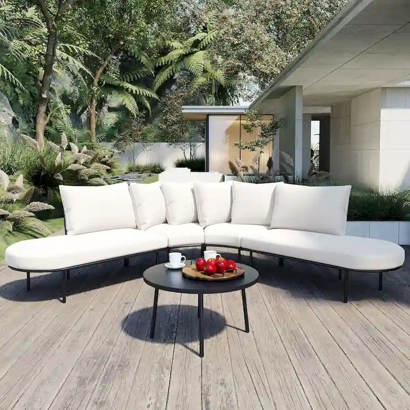Half-Moon Patio Sofa Set with Coffee Table, All-Weather Curved Outdoor Furniture Set with Padded Seats and Backrest
