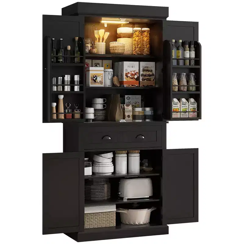 MDF Kitchen Pantry Cabinet with LED Lights, 6 Door Shelves, 1 Drawer and 4 Adjustable Shelves, 71.3