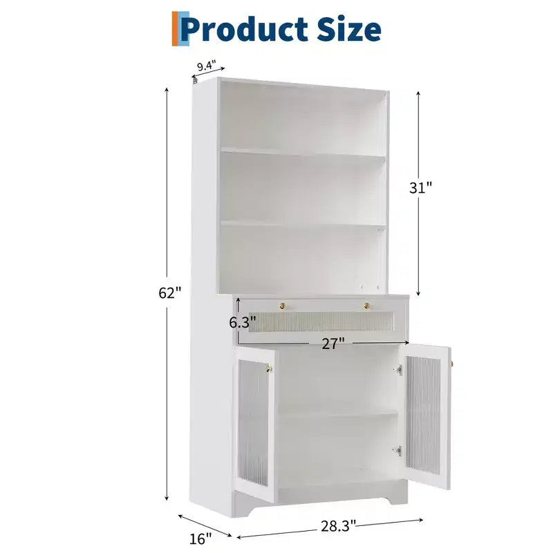 62 Farmhouse Pantry Cabinet with Glass Doors,3-Tier Open Shelf & Drawer, Adjustable Shelves for Kitchen, Dining Room Storage Organizer