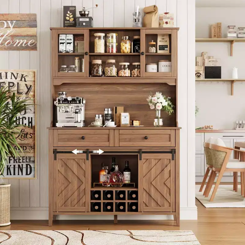 72 Tall Kitchen Pantry Cabinet, Freestanding Buffet Hutch with Sliding Barn Door & 2 Drawers, Wood Coffee Bar Cabinet for Living Room Kitchen