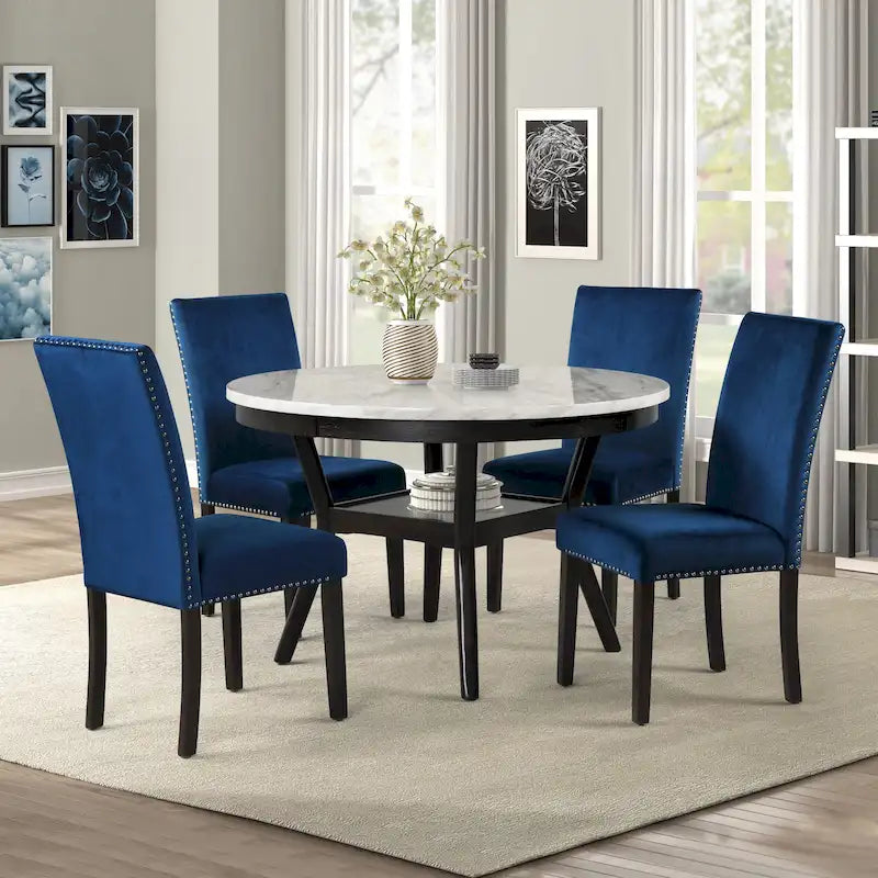 Round Dining Table with Faux Marble Top and Lower Shelf