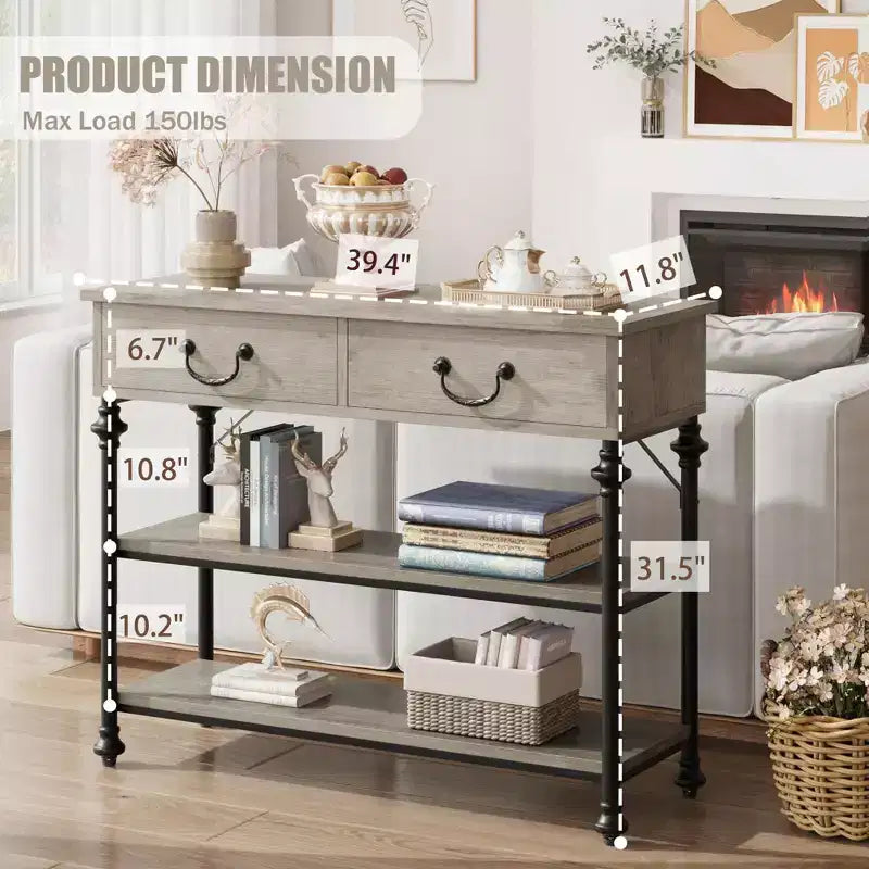 Slim Console Table with 2 Drawers and Open Shelves, Brown
