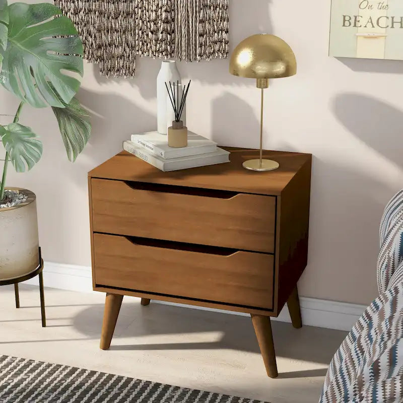 Mid-Century Modern Wood 2-Drawer Nightstand