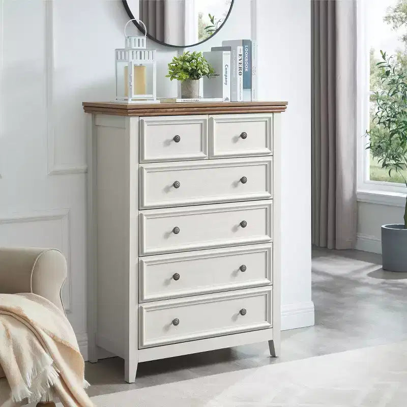 Modern 6-Drawer Dresser with Vintage Carved Handles and Metal Rails for Bedroom Storage