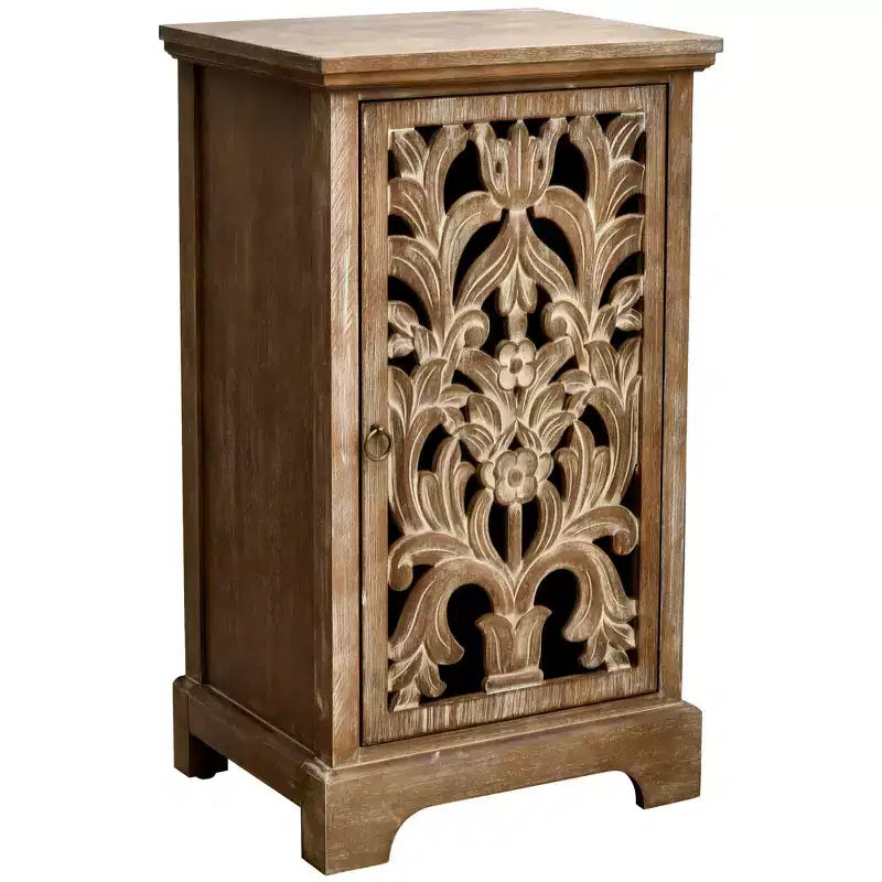 Vintage Hollow Carved Door End Table, 18x14x30.5 in, Storage Cabinet with Decorative Panel, Natural