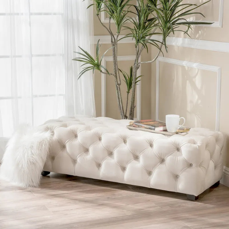 Tufted Velvet Ottoman Bench - Button Detail Upholstered Entryway Bench for Bedroom