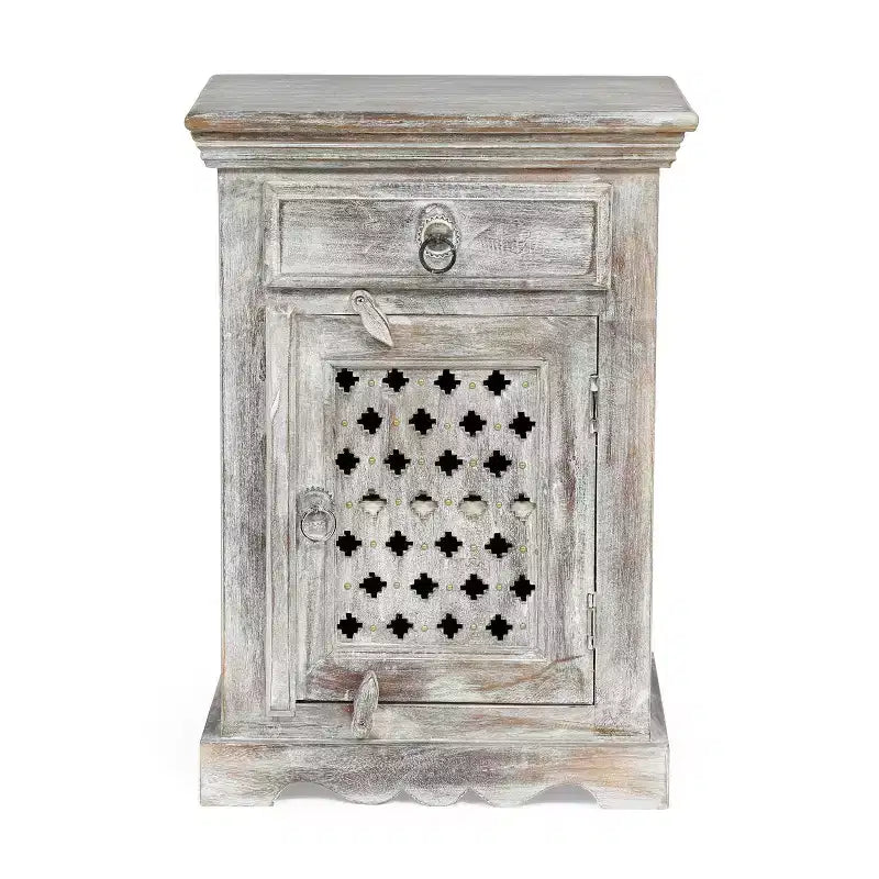 Handcrafted Boho Mango Wood Nightstand, Distressed White