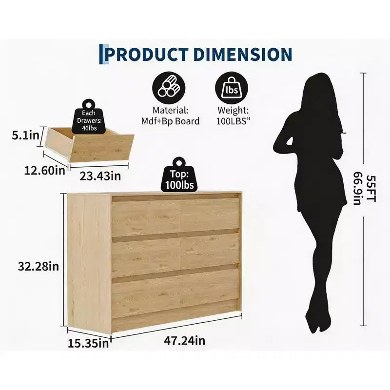 47 Wide Farmhouse 6-Drawer Dresser �C Natural Oak, Handle-Less Design
