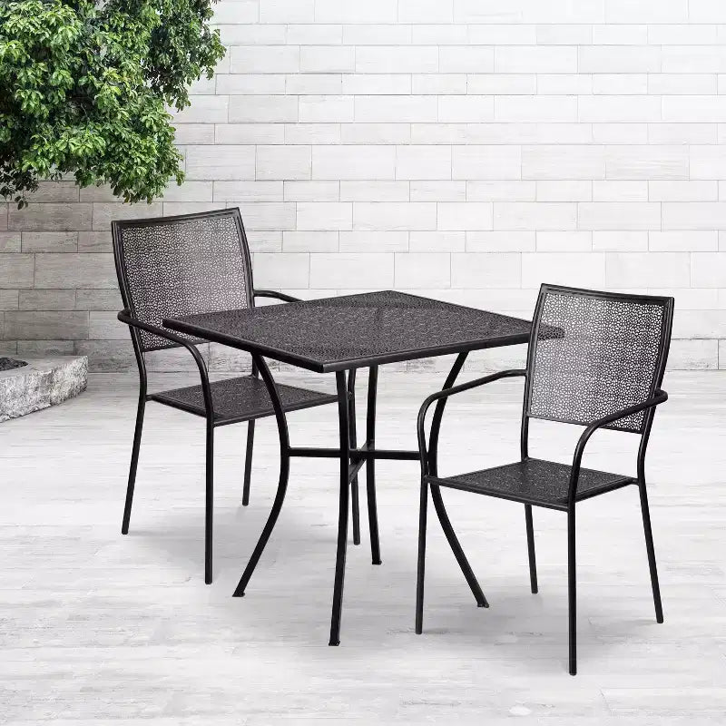 Emma and Oliver Commercial Grade 28 Square Metal Garden Patio Table Set w/ 2 Square Back Chairs