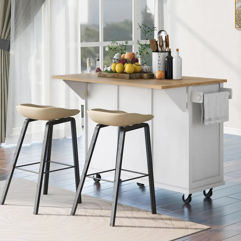 White Rolling Kitchen Island Cart with 5 Wheels Drop Leaf Rubberwood Top 3 Drawers and Spice Rack
