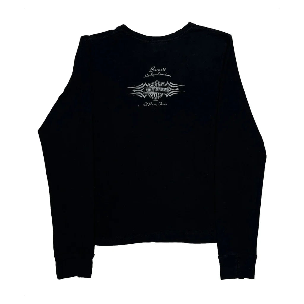 Women's Black Graphic Long Sleeve V-Neck T-Shirt Regular Fit Cotton