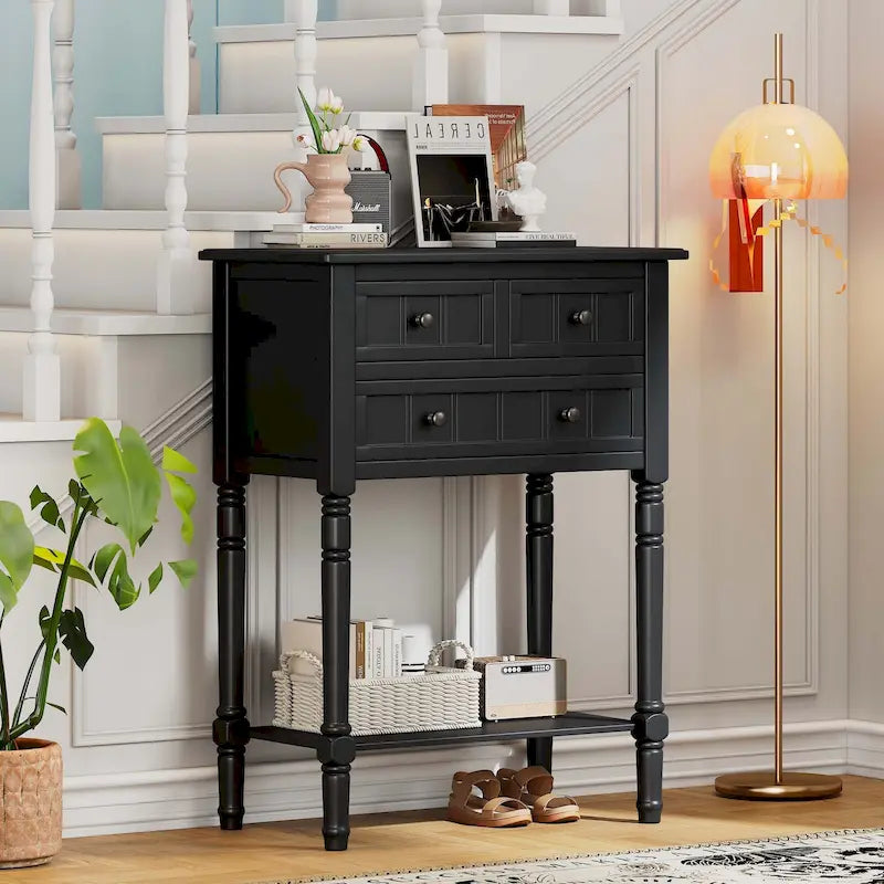 Narrow Console Table with Drawers and Bottom Shelf