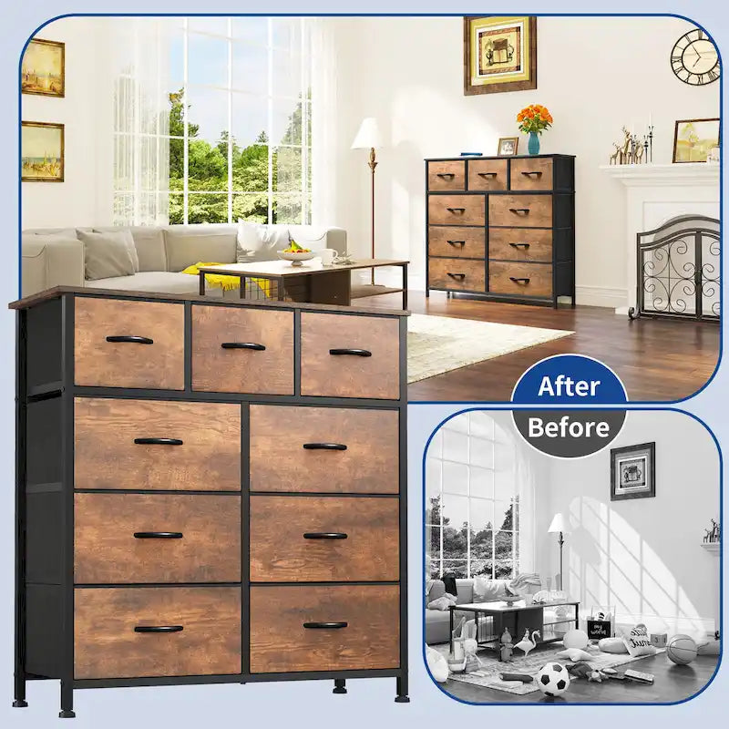 Rustic Wood-grain Bedroom Dresser with Metal Frame, Wooden Top