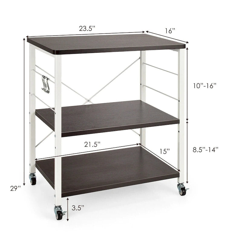 Rustic Brown 3-Tier Rolling Baker's Rack Microwave Cart with S-Hooks