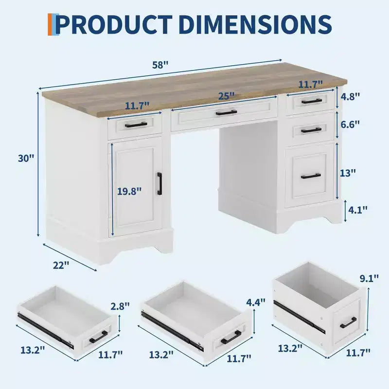 58 Wide Wooden Desk with File Cabinet & Storage Drawers - Multi-Functional Computer Table for Bedroom, Game Room & Office