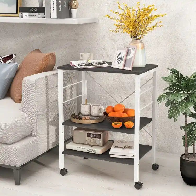 Rustic Brown 3-Tier Rolling Baker's Rack Microwave Cart with S-Hooks