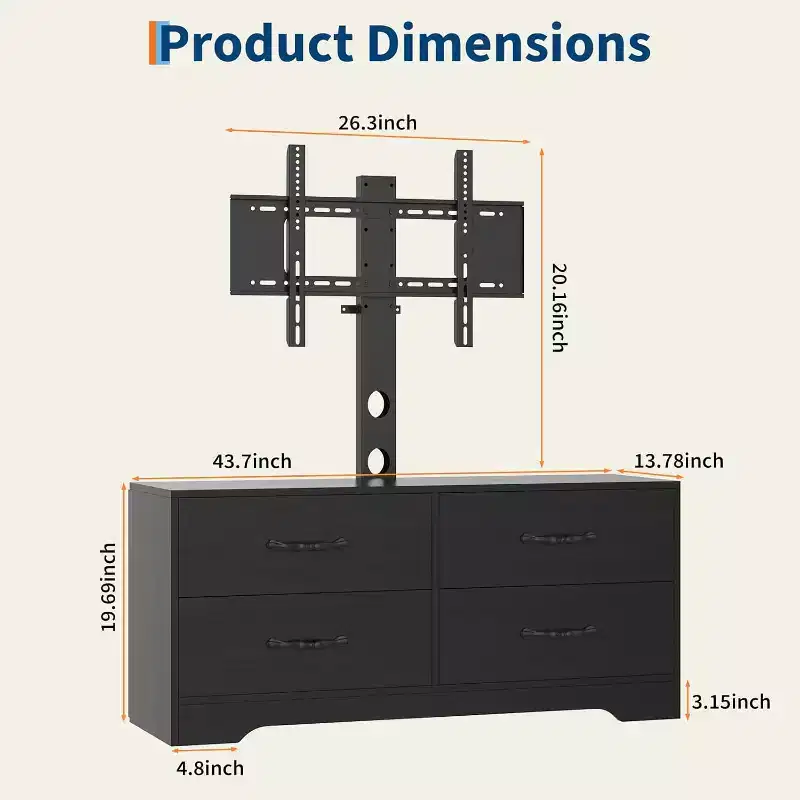 Modern TV Stand with Mount for 32-75 TVs, Media Console Table with 4 Spacious Drawers, Entertainment Center Dresser for Living Room Storage