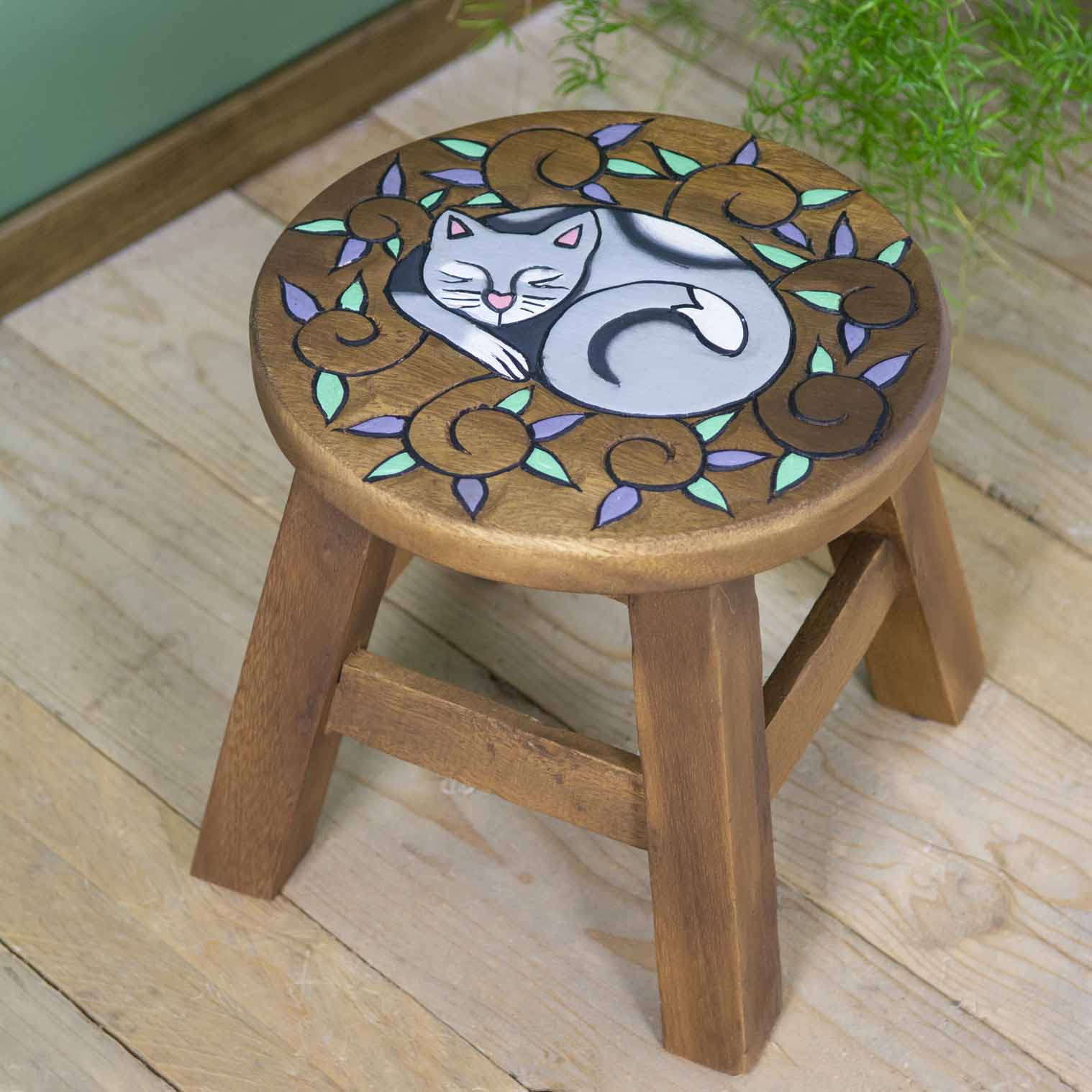 Curled Cat Carved Raintree Wood Stool