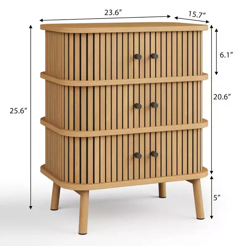 Fluted 3 Drawers Nightstand with Sliding Door