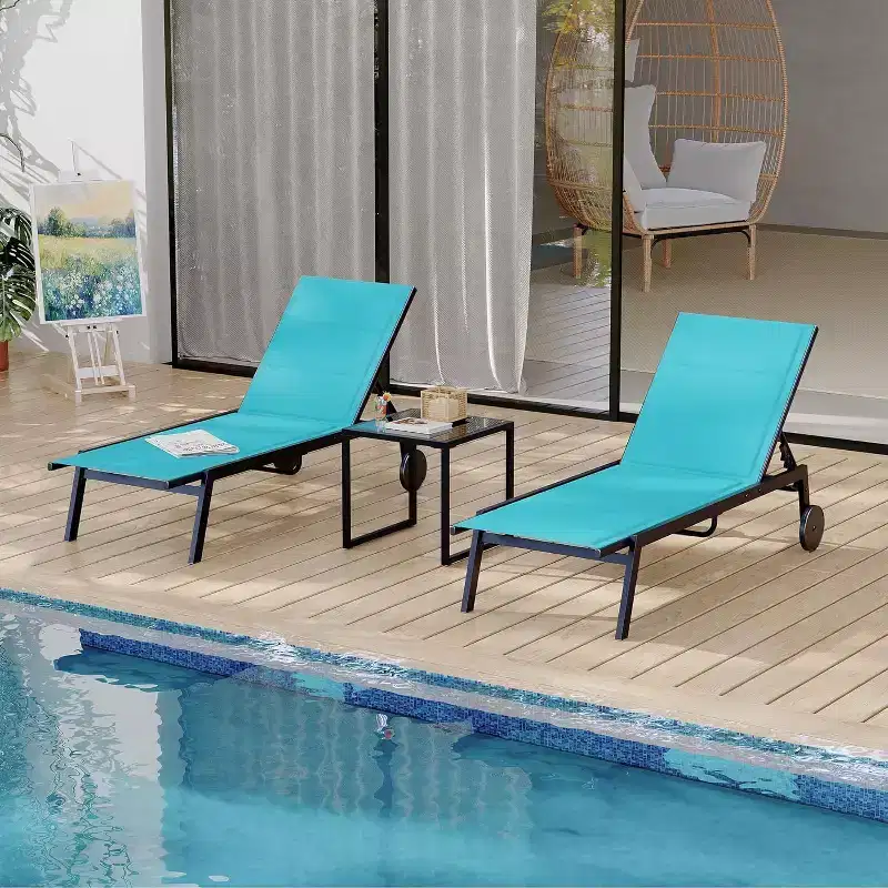 GustoWave Outdoor Chaise Lounge Chairs Set of 3, 5-Position Adjustable Backrest, with Wheels & Side Table for Patio, Poolside and Beach