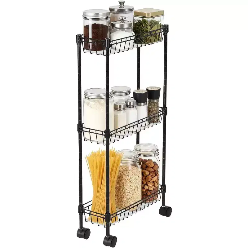 Slim Rolling Storage Cart with Wheels - 3 or 4 Tier Metal Wire Baskets, Adjustable Shelves