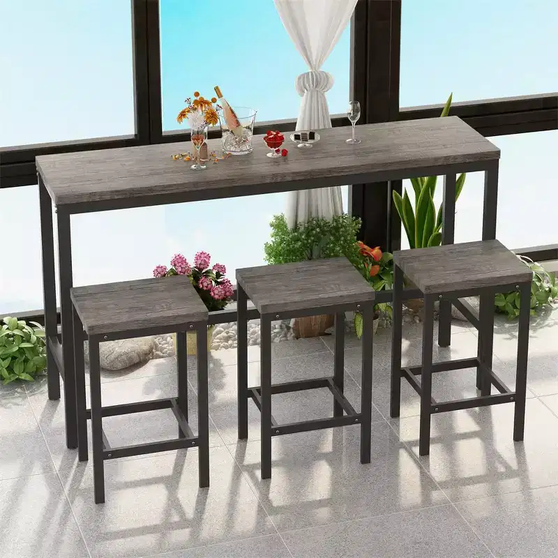 4-Piece Bar Table , Rectangular Pub Table & 3 Stools, for Kitchen, Breakfast Nook, Living Room, Apartment Brown & Gray