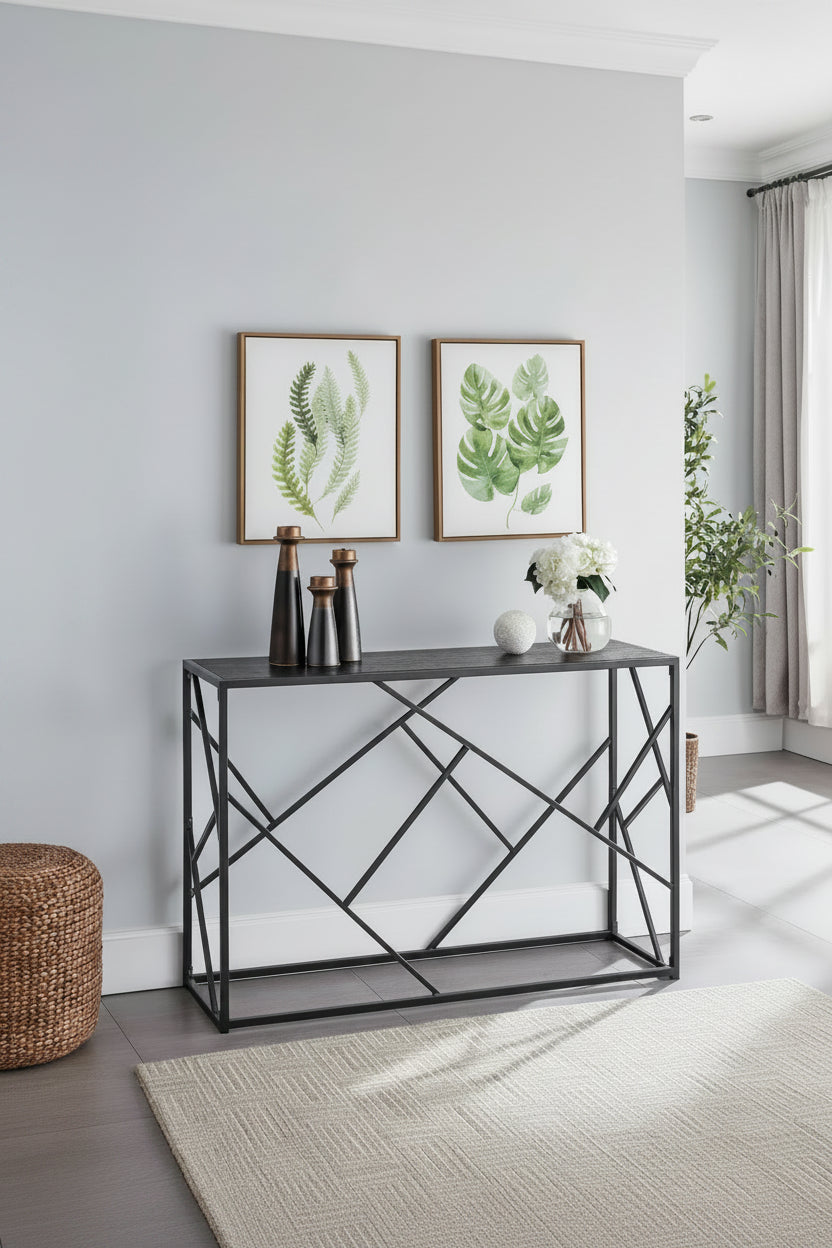 Modern Console Sofa Table - Black Metal Frame & Gray Wood Top
