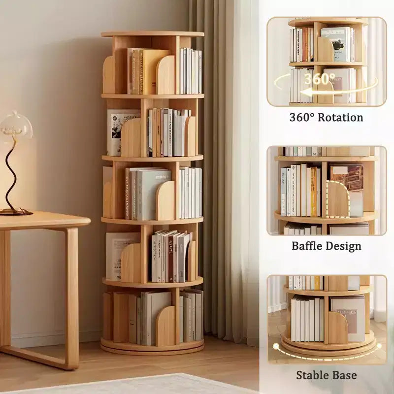 5-Tier 360�� Rotating Bookshelf Tower, Natural Wood