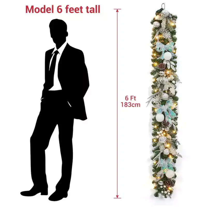 6FT Christmas Decorations Silver White Christmas Garland with Antlers, Bows & Snowflake Ornaments, PVC Artificial Greenery