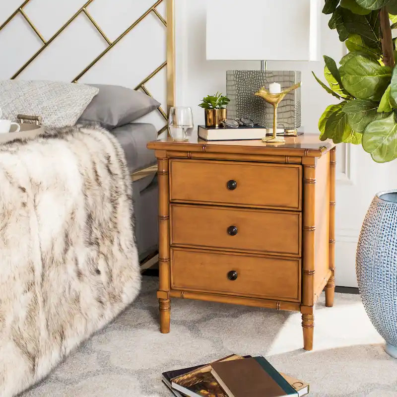 Modern Coastal 3-Drawer Nightstand with Bamboo-Style Frame & Gold Pulls