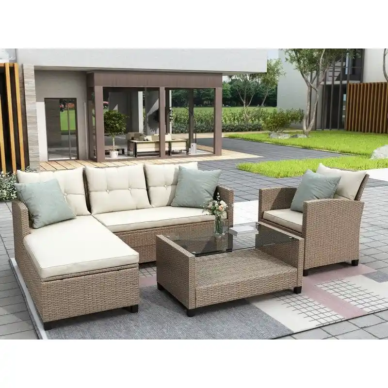 4 Piece Patio Wicker Sectional Sofa with Seat Cushions