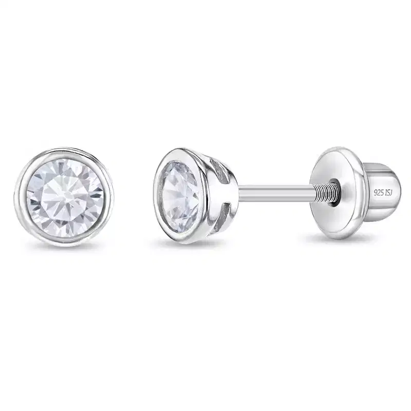 Girl's Bezel Set Solitaire Screw Back Sterling Silver Earrings - In Season Jewelry