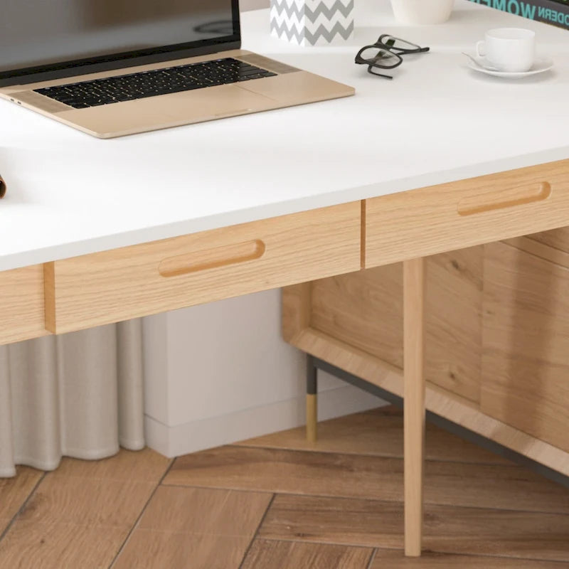 39.4 Inch Simple Writing Desk with Drawers and Solid Wood Legs