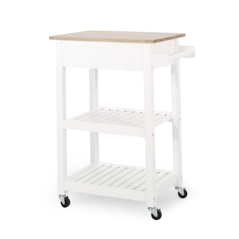 Compact Rolling Kitchen Cart with Rubberwood Top Drawer 2 Slatted Shelves and Towel Rack