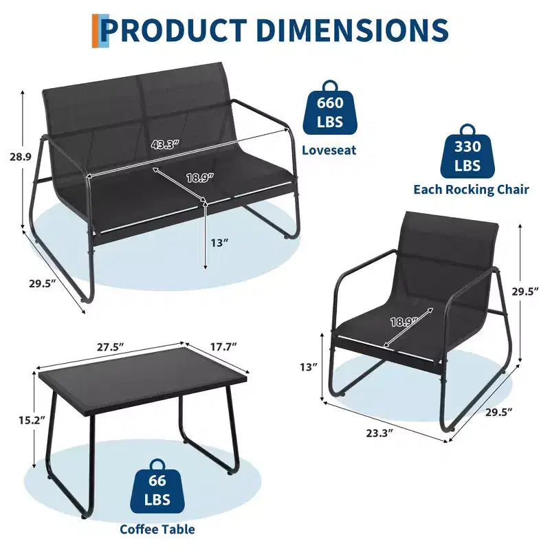 4 Piece Patio Conversation Set Textilene, Outdoor Conversation Set with One Love Seat, Two Single Chairs and One Table