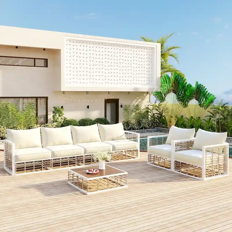Outdoor 7-Piece Metal Modular Sectional Sofa Set with Coffee Table & Chairs