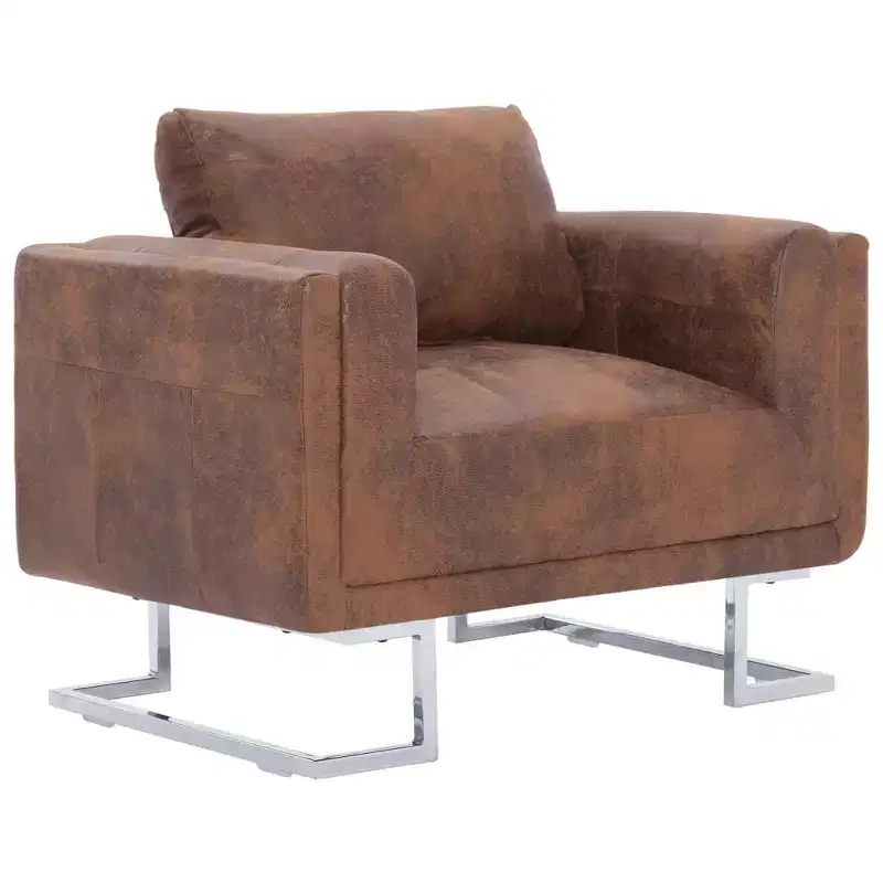 Cube Armchair - Brown Faux Suede Leather Upholstery, Ergonomically Designed, Sturdy Wooden Frame, Stylish Chrome Feet, Comfortable Seating