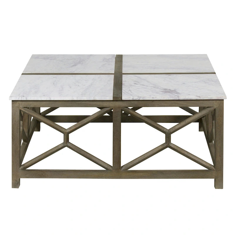 Coffee Table, 40 Inch Square White Marble Top, Sandblasted Ash Gray Mango Wood Geometric Frame